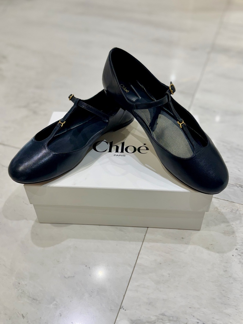 Chloé Marcie Black Leather T-Strap Flats with Gold Accents